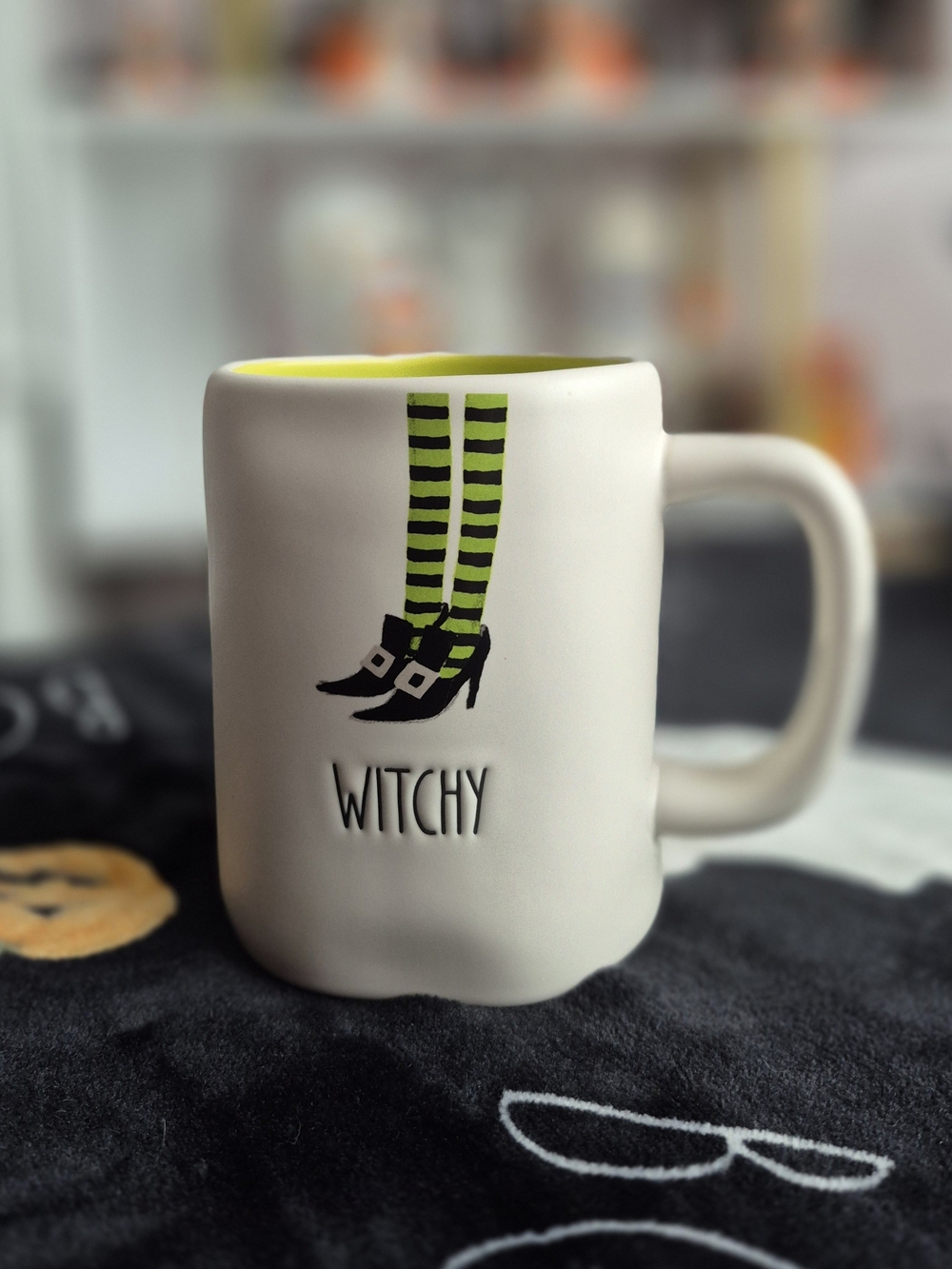 Rae Dunn Witchy Mug — White with Green Striped Detail
